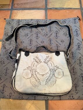Isabella Fiore Cream Shoulder Bag with Black Trim and Floral Embossing